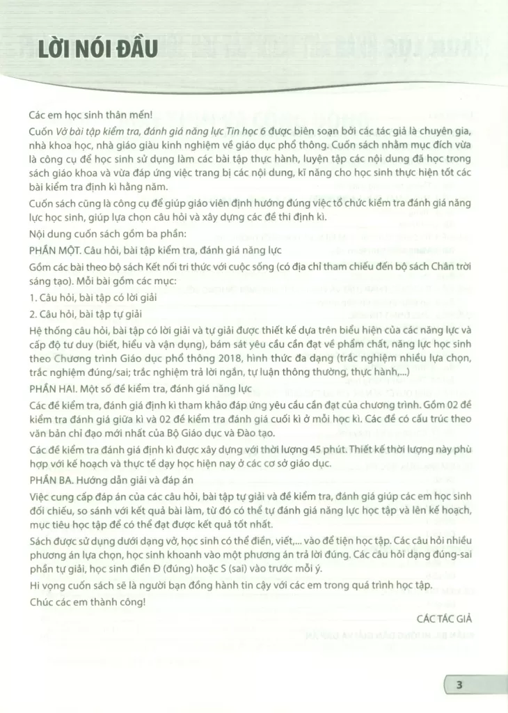 VỞ BÀI TẬP KIỂM TRA, ĐÁNH GIÁ NĂNG LỰC TIN HỌC LỚP 6 (Sử dụng cho SGK Kết nối tri thức, Chân trời sáng tạo)